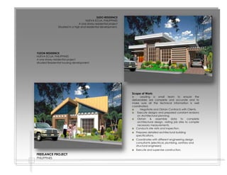 AL WIFAQ TOWER
ABU DHABI, UNITED ARAB
EMIRATE
The project consist of 3
basements + ground + 2
podium + 29 residential
Floors+ Mechanical Floor.
Scope of Work:
Prepares architectural schemes and preliminary plans.
Responsible in providing detailed drawings as per
required in the construction, in accordance to the existing
and necessary points for revisions.
Analyze building codes, by-laws, space and site
requirements, and other technical documents and
reports to determine their effect on architectural designs.
Coordinate structural, electrical and mechanical designs
and determine a method of presentation in order to
graphically represent building plans.
Co-ordinate and liaise with the relevant government
authorities and business partners for the successful
accomplishment of the business goals
Check shop drawings prepared by the Contractors.
Undertake project coordination and contract
administration works
Attending meetings with client, and suppliers.
Respond to RFI’s.
MAYER & PARTNERS| CONSULTING ENGINEERS
ABU DHABI, UNITED ARAB EMIRATES
 