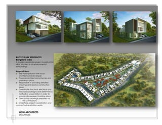 Marine Crescent
Singapore
Mobile no.: +65 9821 7693
E-mail: michelangelasalvador@gmail.com
Skype: mosdesyn@yahoo.com
MICHELANGELA O. SALVADOR, LEED GA
4
P.B. Garcia Design & Construction June 2004 – July 2005
Mabini St. Cabanatuan City
Nueva Ecija, Philippines
Position: Draftsman/ Site Supervisor
Prepare detailed drawings of architectural designs and plans for building and structures according to specifications provided by
Project Architect.
Layout and plan interior room arrangements using computer-assisted drafting (CAD) equipment & software.
Analyze building codes, by-laws, space and site requirements, and other technical documents and reports to determine their effect
on architectural designs.
Prepare & encode cost estimates, contracts, biding documents & technical reports for specific projects under an architect’s
supervision.
Obtain and assemble data to complete landscape architectural designs, visiting job sites to compile necessary measurements.
Operate computer aided drafting equipment& conventional drafting station to produce designs, working drawings, charts, form &
record.
Projects Worked on:
Residential Buildings
Montessori School
Medium Rise Commercial Building
Educational Background
Bachelor of Science in Architecture June 1999 – April
2004
Nueva Ecija University of Science & Technology
Cabanatuan City, Nueva Ecija Philippines
 