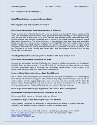 Water Management NATUECO FARMING PROSUMER CONCEPT
Office-Aarohi,ArchitRow House Number 01, b/h Atharva Mangal Karyalaya,DateNagar, Nashik-422005
Branch- Suras,D/21, Dobinagar CooperativeHousingsociety, Narendra Nagar, Nagpur-440015.
Email-asajaysaraf@gmail.com.
Contact numbers-- +918956273878.
PastExperience of the Mentor –
List of Major Projects executed on turnkey basis:
Micro-Irrigation Projects Successfully Completed:
Manjra Sugar Factory Latur: Sugar-Cane plantation of 1000 Acres
Waste land with rocky and sandy terrain with weeds and bushes were cleared with dozers, excavators. Wild
Trees were trimmed by mechanical saws, waste green and dry material shredding; it was dumped in the pit
along with cow dung & vermiculture. Soil & Water Samples were drawn for analysis. Deep tillage was carried
out and the entire tilled land was exposed for about 2 months to Sun. Before the onset of monsoon, shallow
tillage along with putting of FYM along the furrows, for cane plantation, was done. Cane sets, provided by
factory, were planted in the laid furrows. Entire furrow were irrigated by the installed irrigation system, before
plantation begins. Prescribed fertigation schedule was followed. Necessary supervision and post project
management was been taken care by dedicated technicians and Agronomists. Simultaneously trainings to the
field personnel of the Sugar company were carried away. After first harvesting of the first crop, site was
handed over to the Karkhana.
Terna Sugar Factory Osmanabad: Sugar-Cane Plantation 1500 Acers Same as above
Kadwa Sugar Factory Nashik: Sugar-Cane 400 Acres
Karkhana plot was available with other Plantations, they wanted to establish demonstration plot for evaluation
of yield in Tones Vs Sugar recovery in % per MT of yield. We had started with tillage operation and followed
the project as explained above. In this project, we had installed portable irrigation system, enabling for its
optimal usage, for other smaller plots, like nurseries, vegetables etc.
Sanjeevani Sugar Factory Ahmednagar: Sugar-Cane 200 Acres
Due to salinity, productivity hampered, to overcome that this demo plot was established. Soil conditioning has
been attained with application of Gypsum, FYM, undertook deep tillage, layout of drainage for draining silt and
runoff, avoidance of water logging. Leguminous crops were grown and buried beneath with the tillers, for
nitrogen fixation. Plantation program and other operations were followed as mentioned above. After getting the
first crop, adjoining farmers had started following the same practice. “Seeing is believing”.
Rahuri Sugar Factory Ahmednagar: Sugar-Cane 1200 Acers As Above—Salinity Issue
Dhnyaneshwar Sugar Factory Ahmednagar: Sugar-Cane 800 Acers
Soil was good, Entire process as mentioned earlier was followed.
Vrudhheshwar Sugar Factory Ahmednagar: Sugar-Cane 500 Acers
Salinity Problem, Factory own plot, established as demo plot along with Nursery for growing better seed
material for cane plantation. Services provided on turnkey, as mentioned above
 