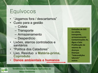 Tendências e Tecnologias Aplicadas ao
Meio Ambiente
• “Jogamos fora / descartamos”
• Custo para a gestão
– Coleta
– Transporte
– Armazenamento
– Desperdício
• Lixões, aterros controlados e
sanitários
• “Política dos Catadores”
• Lixo, Resíduo x Matéria-prima,
Coproduto
• Danos ambientais e humanos
Equívocos
- Emissões de GEE
na coleta,
transporte,
armazenamento
- Contaminações Ar,
Água e Solo
- Proliferação de
vetores de
doenças
- Doenças
- “Subcondições
laborais”
- outros
 