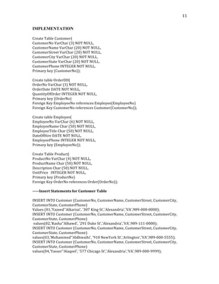   11	
  
IMPLEMENTATION	
  
	
  
Create	
  Table	
  Customer(	
  
CustomerNo	
  VarChar	
  (3)	
  NOT	
  NULL,	
  
CustomerName	
  VarChar	
  (20)	
  NOT	
  NULL,	
  
CustomerStreet	
  VarChar	
  (20)	
  NOT	
  NULL,	
  
CustomerCity	
  VarChar	
  (20)	
  NOT	
  NULL,	
  
CustomerState	
  VarChar	
  (20)	
  NOT	
  NULL,	
  
CustomerPhone	
  INTEGER	
  NOT	
  NULL,	
  
Primary	
  key	
  (CustomerNo));	
  
	
  
Create	
  table	
  OrderDH(	
  
OrderNo	
  VarChar	
  (3)	
  NOT	
  NULL,	
  
OrderDate	
  DATE	
  NOT	
  NULL,	
  
QuantityOfOrder	
  INTEGER	
  NOT	
  NULL,	
  
Primary	
  key	
  (OrderNo)	
  
Foreign	
  Key	
  EmployeeNo	
  references	
  Employee(EmployeeNo)	
  
Foreign	
  Key	
  CustomerNo	
  references	
  Customer(CustomerNo));	
  
	
  
Create	
  table	
  Employee(	
  
EmployeeNo	
  VarChar	
  (6)	
  NOT	
  NULL,	
  
EmployeeName	
  Char	
  (50)	
  NOT	
  NULL,	
  
EmployeeTitle	
  Char	
  (50)	
  NOT	
  NULL,	
  
DateOfHire	
  DATE	
  NOT	
  NULL,	
  
EmployeePhone	
  INTEGER	
  NOT	
  NULL,	
  
Primary	
  key	
  (EmployeeNo));	
  
	
  
Create	
  Table	
  Product(	
  
ProductNo	
  VarChar	
  (4)	
  NOT	
  NULL,	
  
ProductName	
  Char	
  (50)	
  NOT	
  NULL,	
  
Description	
  Char	
  (50)	
  NOT	
  NULL,	
  
UnitPrice	
  	
  	
  INTEGER	
  NOT	
  NULL,	
  
Primary	
  key	
  (ProductNo)	
  
Foreign	
  Key	
  OrderNo	
  references	
  Order(OrderNo));	
  
	
  
-­‐-­‐-­‐-­‐-­‐Insert	
  Statements	
  for	
  Customer	
  Table	
  
	
  
INSERT	
  INTO	
  Customer	
  (CustomerNo,	
  CustomerName,	
  CustomerStreet,	
  CustomerCity,	
  
CustomerState,	
  CustomerPhone)	
  
Values	
  (01,'Yazeed''Alkarzai',	
  '307	
  King	
  St','Alexandria','VA',989-­‐000-­‐0000);	
  
INSERT	
  INTO	
  Customer	
  (CustomerNo,	
  CustomerName,	
  CustomerStreet,	
  CustomerCity,	
  
CustomerState,	
  CustomerPhone)	
  
	
  values(02,'Rasha''Albawd',	
  '291	
  Duke	
  St','Alexandria','VA',989-­‐111-­‐0000);	
  
INSERT	
  INTO	
  Customer	
  (CustomerNo,	
  CustomerName,	
  CustomerStreet,	
  CustomerCity,	
  
CustomerState,	
  CustomerPhone)	
  
values(03,'Mohammed''Aldhwaihi',	
  '910	
  NewYork	
  St','Arlington','VA',989-­‐000-­‐5555);	
  
INSERT	
  INTO	
  Customer	
  (CustomerNo,	
  CustomerName,	
  CustomerStreet,	
  CustomerCity,	
  
CustomerState,	
  CustomerPhone)	
  
values(04,'Yasser''Alaqeel',	
  '577	
  Chicago	
  St','Alexandria','VA',989-­‐000-­‐9999);	
  
 