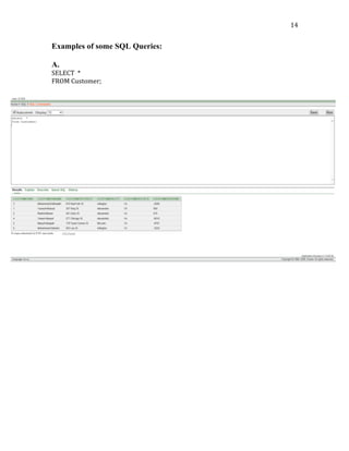   14	
  
Examples of some SQL Queries:
A.
SELECT	
  	
  *	
  
FROM	
  Customer;	
  
	
  
	
  
	
  
	
  
	
  
	
  
	
  
	
  
	
  
	
  
	
  
	
  
	
  
	
  
	
  
	
  
	
  
	
  
	
  
	
  
	
  
	
  
	
  
	
  
	
  
	
  
	
  
	
  
	
  
	
  
	
  
	
  
	
  
 