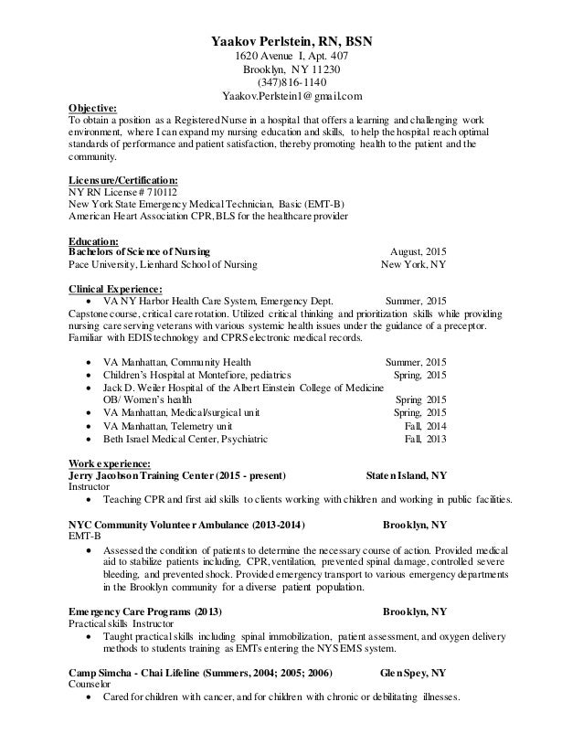 yaakov perlstein rn bsn resume g rn bsn resumes