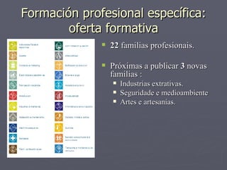 Formación profesional específica: oferta formativa 22  familias profesionais. Próximas a publicar  3  novas familias : Industrias extrativas. Seguridade e medioambiente Artes e artesanías. 