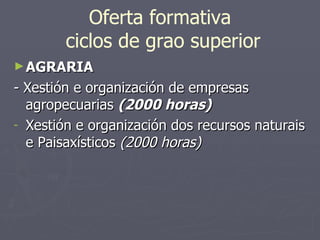 Oferta formativa  ciclos de grao superior AGRARIA - Xestión e organización de empresas agropecuarias  (2000 horas) Xestión e organización dos recursos naturais e Paisaxísticos  (2000 horas) 