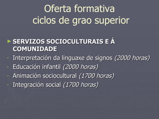 Oferta formativa  ciclos de grao superior SERVIZOS SOCIOCULTURAIS E Á COMUNIDADE Interpretación da linguaxe de signos  (2000 horas) Educación infantil  (2000 horas) Animación sociocultural  (1700 horas) Integración social  (1700 horas) 