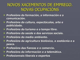NOVOS XACEMENTOS DE EMPREGO. NOVAS OCUPACIÓNS Profesións da formación, a información e a comunicación. Profesións da cultura, espectáculos, arte e publicidade. Profesións do turismo e o tempo libre. Profesións da saúde e dos servizos sociais. Profesións do medio ambiente. Profesións da agricultura biolóxica, a zootécnia e a pesca. Profesións das fianzas e o comercio. Profesións da información e a telemática. Profesionnais liberais e expertos 