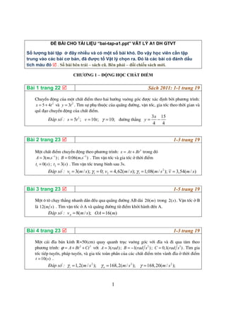 ĐỀ BÀI CHO TÀI LIỆU “bai-tap-a1.ppt” VÂT LÝ A1 DH GTVT 
Số lượng bài tập ở đây nhiều và có một số bài khó. Do vậy học viên cần tập 
trung vào các bài cơ bản, đã được tổ Vật lý chọn ra. Đó là các bài có đánh dấu 
tích màu đỏ  . Số bài bên trái – sách cũ. Bên phải – đối chiếu sách mới. 
CHƯƠNG 1 – ĐỘNG HỌC CHẤT ĐIỂM 
Bài 1 trang 22  Sách 2011: 1-1 trang 19 
ChuyÓn ®éng cña mét chÊt ®iÓm theo hai h−íng vu«ng gãc ®−îc x¸c ®Þnh bëi ph−¬ng tr×nh: 
x = 5 + 4t 2 vμ y = 3t2 . T×m sù phô thuéc cña qu·ng ®−êng, vËn tèc, gia tèc theo thêi gian vμ 
quÜ ®¹o chuyÓn ®éng cña chÊt ®iÓm. 
§¸p sè : s = 5t 2 ; v =10t; g =10; ®−êng th¼ng 
3 x 
15 
4 4 
y = - 
Bài 2 trang 23  1-3 trang 19 
Mét chÊt ®iÓm chuyÓn ®éng theo ph−¬ng tr×nh: x = At + Bt3 trong ®ã 
A = 3(m.s-1) ; B = 0.06(m.s-3) . T×m vËn tèc vμ gia tèc ë thêi ®iÓm 
1 t = 0(s) ; 2 t = 3(s) . T×m vËn tèc trung b×nh sau 3s. 
§¸p sè : 1 v = 3(m/ s); 1 g = 0; 2 v = 4,62(m/ s); 2 
1 
1 g =1,08(m/ s ); v = 3,54(m/ s) 
Bài 3 trang 23  1-5 trang 19 
Mét « t« ch¹y th¼ng nhanh dÇn ®Òu qua qu·ng ®−êng AB dμi 20(m) trong 2(s) . VËn tèc ë B 
lμ 12(m s) . T×m vËn tèc ë A vμ qu·ng ®−êng tõ ®iÓm khëi hμnh ®Õn A. 
§¸p sè : 8( / ); A v = m s OA =16(m) 
Bài 4 trang 23  1-3 trang 19 
Mét c¸i ®Üa b¸n kÝnh R=50(cm) quay quanh trôc vu«ng gãc víi ®Üa vμ ®i qua t©m theo 
ph−¬ng tr×nh: j = A+ Bt2 +Ct3 víi A = 3(rad ) ; B = -1(rad s2 ) ; C = 0,1(rad s3) . T×m gia 
tèc tiÕp tuyÕn, ph¸p tuyÕn, vμ gia tèc toμn phÇn cña c¸c chÊt ®iÓm trªn vμnh ®Üa ë thêi ®iÓm 
t = 10(s) . 
§¸p sè : 1,2( / 2 ); t g = m s 168,2( / 2 ); n g = m s g =168,20(m/ s2 ); 
 