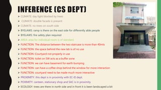 INFERENCE (CS DEPT)
 CLIMATE: day light blocked by trees
 CLIMATE: double facade is present
 CLIMATE: no trees on south side
 BYELAWS: ramp is there on the east side for differently able people
 BYELAWS: fire safety plan required
 AREA: area for individual room is of standard
 FUNCTION: The distance between the two staircase is more than 40mts
 FUNCTION: the space behind the new lab is of no use
 FUNCTION :Courtyard not properly in use
 FUNCTION: toilet on SW acts as a buffer zone
 FUNCTION: we can have basement for earth bumping
 FUNCTION: can have a coffee shop behind the window for more interaction
 FUNCTION: courtyard need to be made much more interactive
 PROXIMITY: this dept is in proximity with EC-EI dept.
 POXIMITY: canteen, stationary shop and SAC is in proximity
 ECOLOGY: trees are there in north side and in front it is been landscaped a bit
 