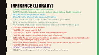 INFERENCE (LIBRARY)
• CLIMATE: should have proper lighting in the interior
• CLIMATE: Humidity needs to be controlled as there is book stalking- Double Humidifiers
• BYELAWS: No fire escape staircase is there
• BYELAWS: not for differently able people, but lift is there
• AREA: no sufficient num of toilets. Toilet for females only in ground floor.
• AREA: the area is sufficiently but need proper arrangement
• AREA: entrance and baggage counter, reception, book issue counter need more space
• FUNCTION: Control rooms in all the floor.
• FUNCTION: AC control room till G+1.
• FUNCTION: G+1 acts as a behaviour room and students are restricted.
• FUNCTION: We need an interactive entrance, much informal one
• FUNCTION: We can have a museum with it, we can display over there about the things made in the
college campus like Digital display & Art room.
• FUNCTION: Spaces which doesn’t require a control environment can be the clock room.
• FUNCTION: Stacking and reading space needs AC
• PROXIMITY: with architecture and main building
• ECOLOGY: green lawn present in front which is a good interactive space
 