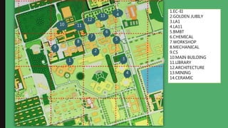 1
2
3
4
5
6
7
8
12
1
413
10 11
9
1.EC-EI
2.GOLDEN JUBILY
3.LA1
4.LA11
5.BMBT
6.CHEMICAL
7.WORKSHOP
8.MECHANICAL
9.CS
10.MAIN BUILDING
11.LIBRARY
12.ARCHITECTURE
13.MINING
14.CERAMIC
 