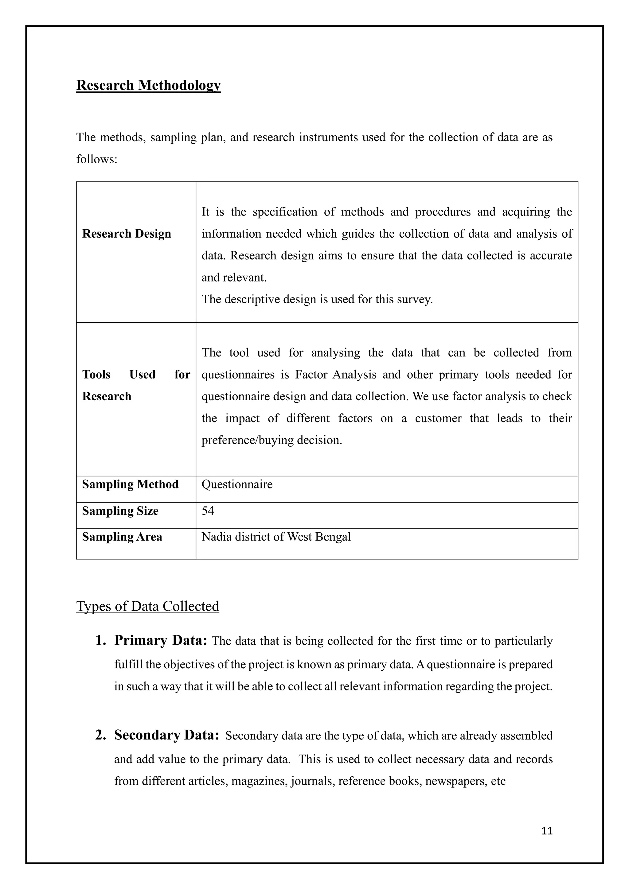 11
Research Methodology
The methods, sampling plan, and research instruments used for the collection of data are as
follows:
Research Design
It is the specification of methods and procedures and acquiring the
information needed which guides the collection of data and analysis of
data. Research design aims to ensure that the data collected is accurate
and relevant.
The descriptive design is used for this survey.
Tools Used for
Research
The tool used for analysing the data that can be collected from
questionnaires is Factor Analysis and other primary tools needed for
questionnaire design and data collection. We use factor analysis to check
the impact of different factors on a customer that leads to their
preference/buying decision.
Sampling Method Questionnaire
Sampling Size 54
Sampling Area Nadia district of West Bengal
Types of Data Collected
1. Primary Data: The data that is being collected for the first time or to particularly
fulfill the objectives of the project is known as primary data.Aquestionnaire is prepared
in such a way that it will be able to collect all relevant information regarding the project.
2. Secondary Data: Secondary data are the type of data, which are already assembled
and add value to the primary data. This is used to collect necessary data and records
from different articles, magazines, journals, reference books, newspapers, etc
 