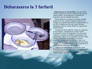 Debarasarea la 3 farfurii
                             Debarasarea cu trei farfurii, sau mai multe
                            farfurii: când de la masă se ridică două sau mai
                            multe farfurii, iar tacamurile şi resturile de
                            preparate sunt în cantităţi mai mari.
                               Prima farfurie se aşează în aceleaşi condiţii
                            arătate mai sus, numai că degetul mijlociu se
                            retrage şi se aşează împreună cu degetul inelar şi
                            cel mic, răsfirate sub cea de a doua farfurie.
                            Marginea celei de a doua farfurii se aşează sub
                            prima farfurie.
                               Tacâmurile de pe farfuria a doua se aşează pe
                            prima farfurie, rămânând pe aceasta numai
                            eventualele resturi de preparate. Cea de a treia
                            farfurie se aşează pe antebraţ sprijinindu-se de
                            încheietura mâinii şi pe marginea celei de a doua
                            farfurii. Furculiţa se foloseşte la trecerea
                            resturilor de preparate pe farfuria a doua, iar
                            apoi se aşează lângă celelalte tacâmuri pe prima
                            farfurie. Cu celelalte farfurii se procedează la fel
                            rămânând pe antebraţ, una peste alta.
                                După ce au fost ridicate de la masă, toate
                            farfuriile (dar nu mai mult de 8-10) şi tacâmurile
                            se transportă la consolă sau direct la oficiul de
                            menaj, pentru spălarea veselei si a tacâmurilor.
 