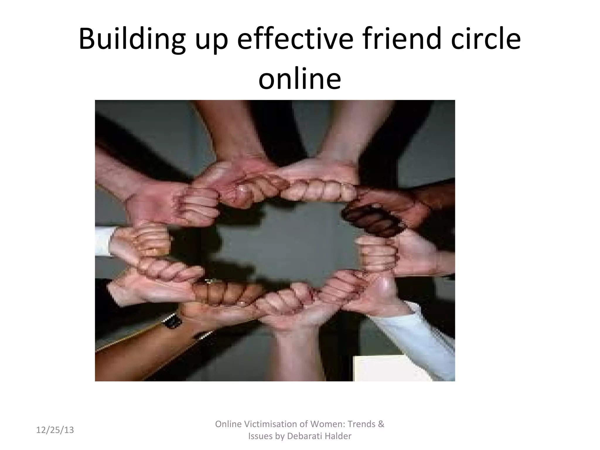 Building up effective friend circle
online

12/25/13

Online Victimisation of Women: Trends &
Issues by Debarati Halder

 