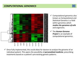  Computational genomics also
known as Computational and
Statistical Genetics is a field
within genomics which
studies the genomes of cells
and organisms.
 The Human Genome
Project is an example of
computational genomics.
 Once fully implemented, this could allow for doctors to analyze the genome of an
individual patient. This opens the possibility of personalized medicine, prescribing
treatments based on a patient’s pre-existing genetic patterns.
COMPUTATIONAL GENOMICS
 