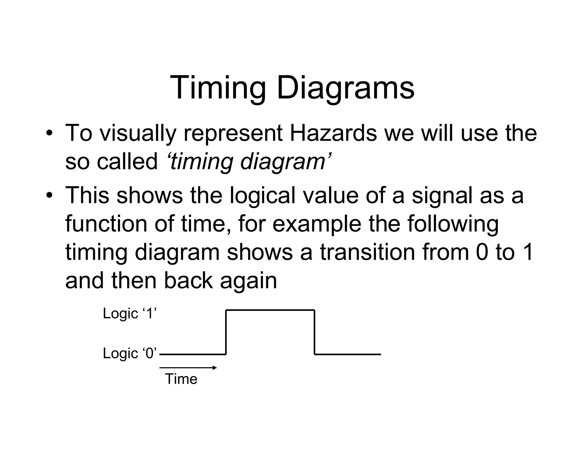 Timing Diagrams
• To visually represent Hazards we will use the
so called ‘timing diagram’
• This shows the logical value of a signal as a
function of time, for example the following
timing diagram shows a transition from 0 to 1
and then back again
Logic ‘0’
Time
Logic ‘1’
 