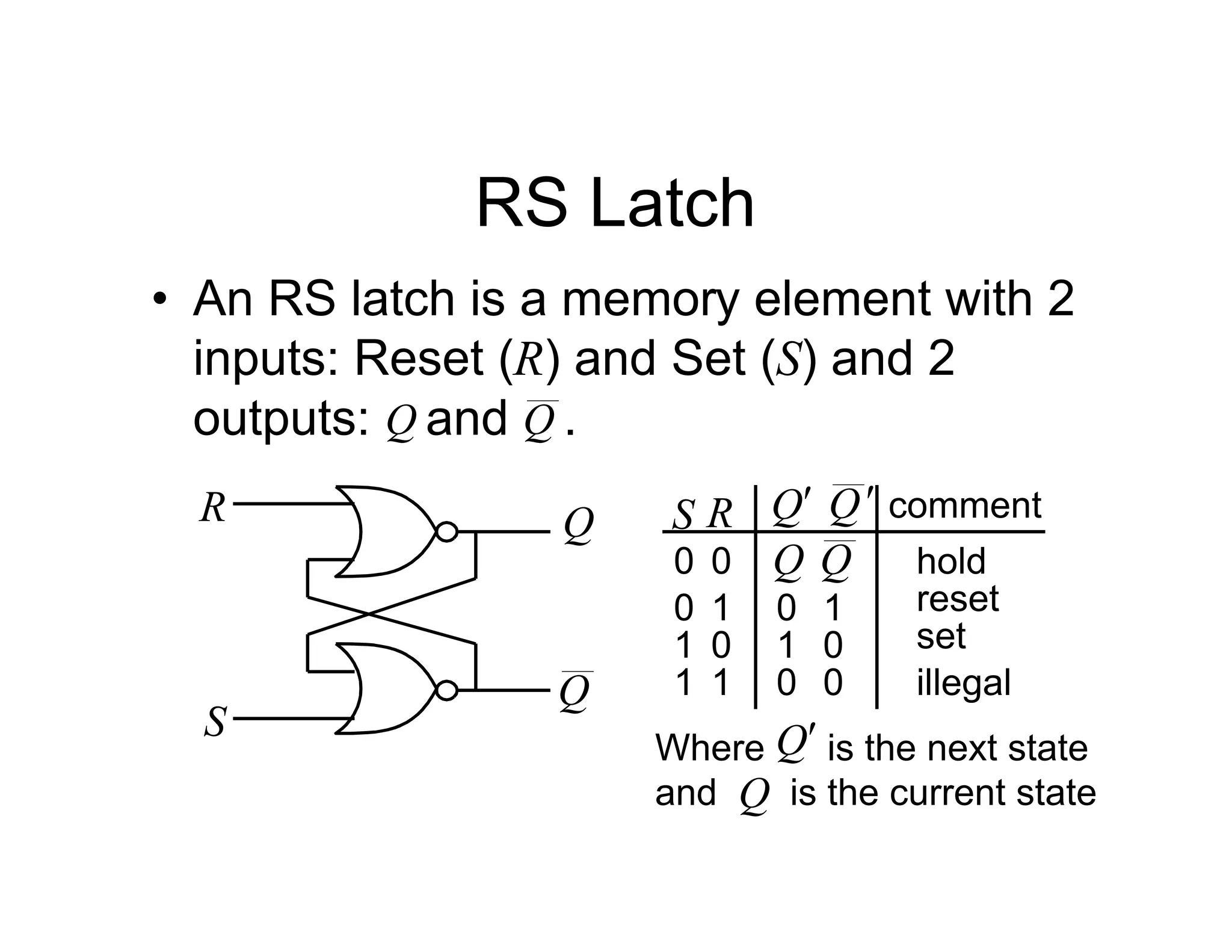 RS Latch
• An RS latch is a memory element with 2
inputs: Reset (R) and Set (S) and 2
outputs: and .
Q Q
Q
Q
R
S
Q
0
0
1
0
0
1
0
0 1
1 1
Q
R
S comment
Q Q
1
0
0
hold
reset
set
illegal
Where is the next state
and is the current state
Q
Q
 