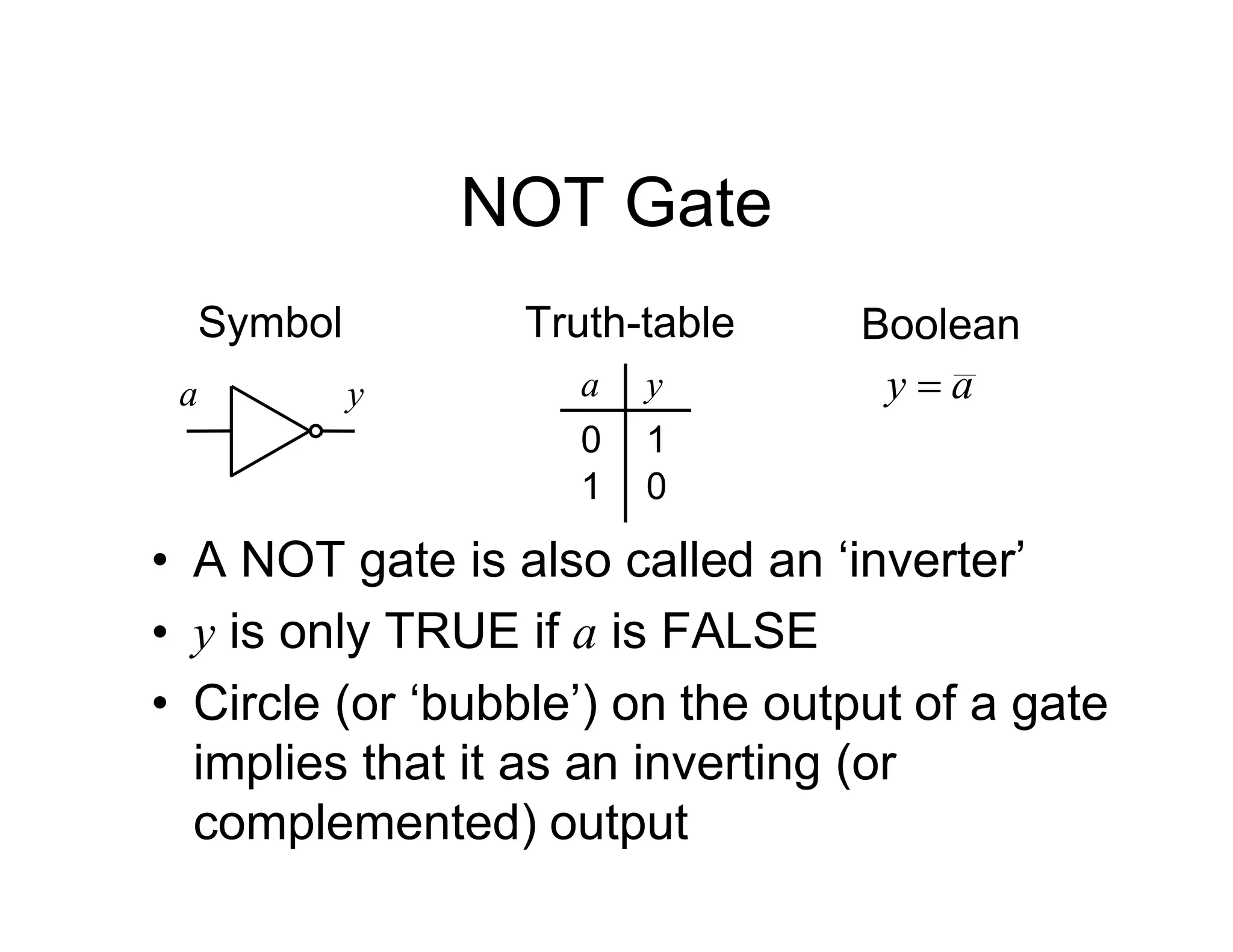 NOT Gate
Symbol
a y
Truth-table
a y
0 1
1 0
Boolean
a
y 
• A NOT gate is also called an ‘inverter’
• y is only TRUE if a is FALSE
• Circle (or ‘bubble’) on the output of a gate
implies that it as an inverting (or
complemented) output
 
