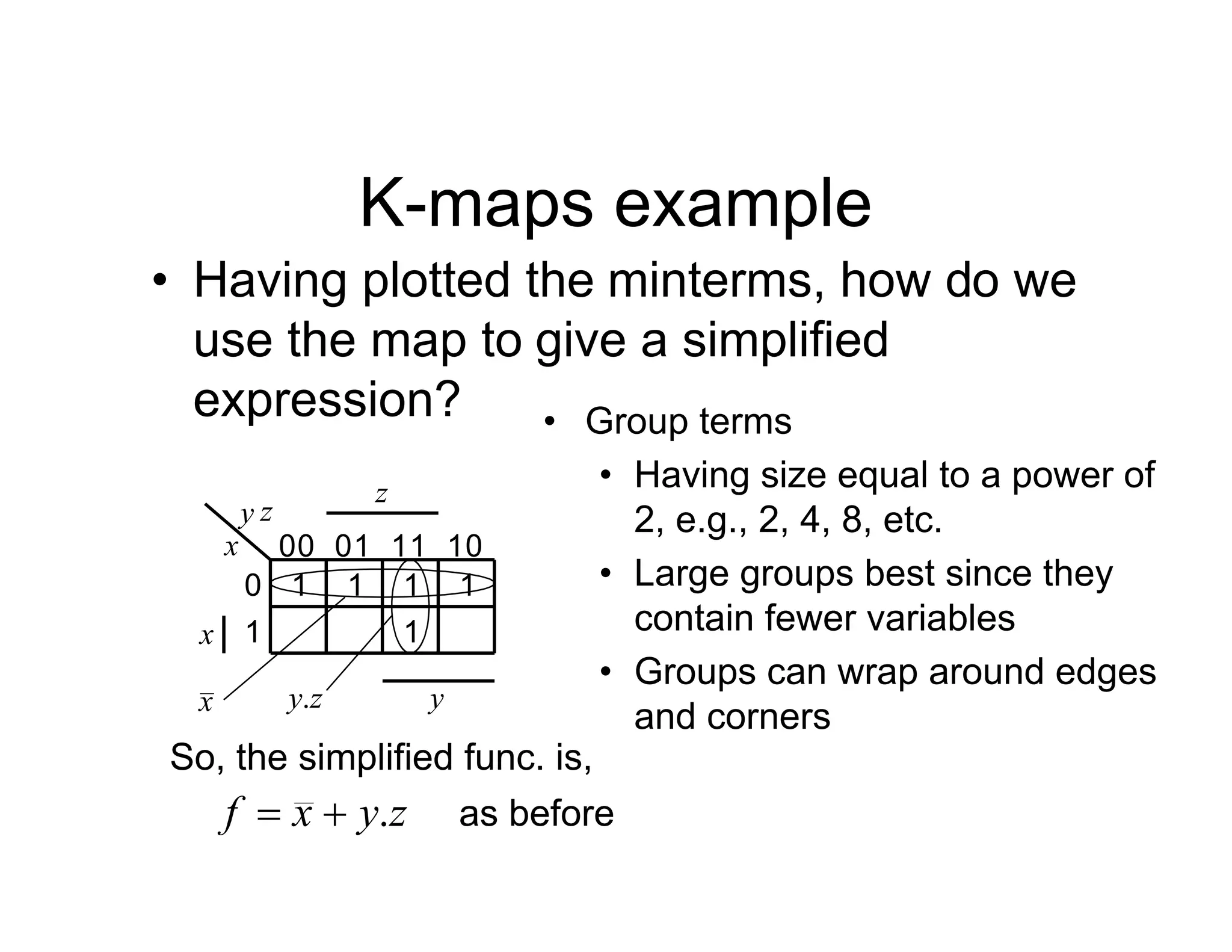 K-maps example
• Having plotted the minterms, how do we
use the map to give a simplified
expression? • Group terms
• Having size equal to a power of
2, e.g., 2, 4, 8, etc.
• Large groups best since they
contain fewer variables
• Groups can wrap around edges
and corners
y z
11
00 01 10
0
1
x
1 1 1
1
1
x
z
y
x z
y.
So, the simplified func. is,
.z
y
x
f 
 as before
 