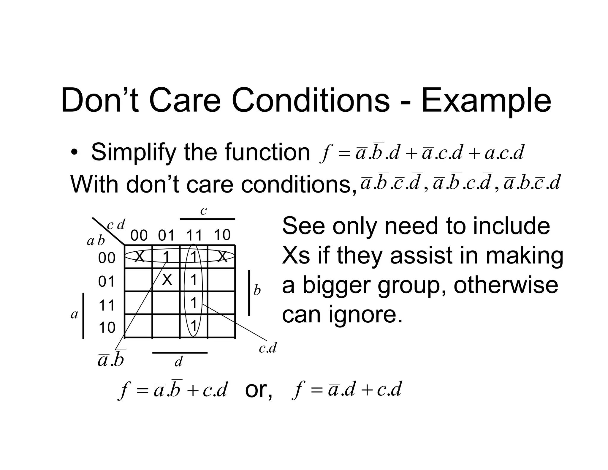 Don’t Care Conditions - Example
• Simplify the function .
.
.
.
.
. d
c
a
d
c
a
d
b
a
f 


With don’t care conditions, .
.
.
,
.
.
.
,
.
.
. d
c
b
a
d
c
b
a
d
c
b
a
11
00 01 10
00
01
11
10
b
a
d
c
1
a
b
c
d
X 1
1
1
1
X
X
b
a.
d
c.
d
c
b
a
f .
. 

See only need to include
Xs if they assist in making
a bigger group, otherwise
can ignore.
or, d
c
d
a
f .
. 

 