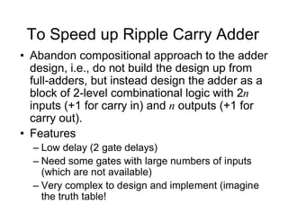 To Speed up Ripple Carry Adder
• Abandon compositional approach to the adder
design, i.e., do not build the design up from
full-adders, but instead design the adder as a
block of 2-level combinational logic with 2n
inputs (+1 for carry in) and n outputs (+1 for
carry out).
• Features
– Low delay (2 gate delays)
– Need some gates with large numbers of inputs
(which are not available)
– Very complex to design and implement (imagine
the truth table!
 