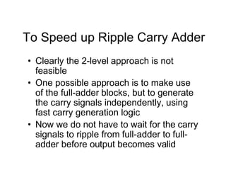 To Speed up Ripple Carry Adder
• Clearly the 2-level approach is not
feasible
• One possible approach is to make use
of the full-adder blocks, but to generate
the carry signals independently, using
fast carry generation logic
• Now we do not have to wait for the carry
signals to ripple from full-adder to full-
adder before output becomes valid
 