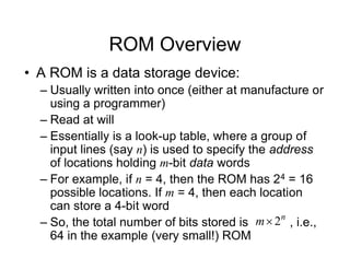 ROM Overview
• A ROM is a data storage device:
– Usually written into once (either at manufacture or
using a programmer)
– Read at will
– Essentially is a look-up table, where a group of
input lines (say n) is used to specify the address
of locations holding m-bit data words
– For example, if n = 4, then the ROM has 24 = 16
possible locations. If m = 4, then each location
can store a 4-bit word
– So, the total number of bits stored is , i.e.,
64 in the example (very small!) ROM
n
m 2

 