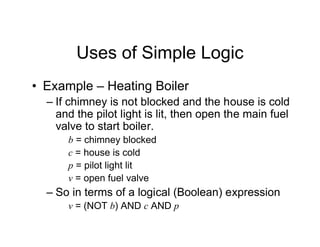 Uses of Simple Logic
• Example – Heating Boiler
– If chimney is not blocked and the house is cold
and the pilot light is lit, then open the main fuel
valve to start boiler.
b = chimney blocked
c = house is cold
p = pilot light lit
v = open fuel valve
– So in terms of a logical (Boolean) expression
v = (NOT b) AND c AND p
 