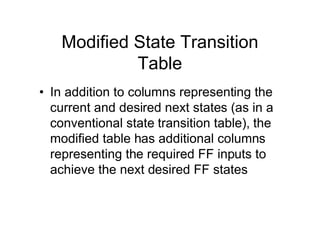 Modified State Transition
Table
• In addition to columns representing the
current and desired next states (as in a
conventional state transition table), the
modified table has additional columns
representing the required FF inputs to
achieve the next desired FF states
 