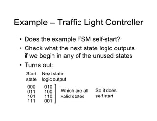 Example – Traffic Light Controller
• Does the example FSM self-start?
• Check what the next state logic outputs
if we begin in any of the unused states
• Turns out:
Start
state
Next state
logic output
000 010
011 100
101 110
111 001
Which are all
valid states
So it does
self start
 
