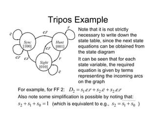 Tripos Example
Sync Hunt
Sight
[100] [001]
[010]
r
r
r
e.
r
e.
r
e. r
e.
e
e
Note that it is not strictly
necessary to write down the
state table, since the next state
equations can be obtained from
the state diagram
It can be seen that for each
state variable, the required
equation is given by terms
representing the incoming arcs
on the graph
For example, for FF 2: r
e
s
e
s
r
e
s
D .
.
.
.
. 2
2
1
2 


Also note some simplification is possible by noting that:
1
0
1
2 

 s
s
s (which is equivalent to e.g., )
0
1
2 s
s
s 

 