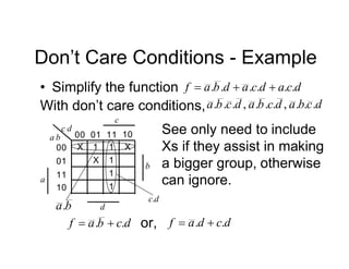 Don’t Care Conditions - Example
• Simplify the function .
.
.
.
.
. d
c
a
d
c
a
d
b
a
f 


With don’t care conditions, .
.
.
,
.
.
.
,
.
.
. d
c
b
a
d
c
b
a
d
c
b
a
11
00 01 10
00
01
11
10
b
a
d
c
1
a
b
c
d
X 1
1
1
1
X
X
b
a.
d
c.
d
c
b
a
f .
. 

See only need to include
Xs if they assist in making
a bigger group, otherwise
can ignore.
or, d
c
d
a
f .
. 

 