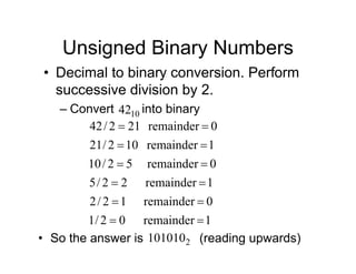 Unsigned Binary Numbers
• Decimal to binary conversion. Perform
successive division by 2.
– Convert into binary
10
42
1
remainder
0
2
/
1
0
remainder
1
2
/
2
1
remainder
2
2
/
5
0
remainder
5
2
/
10
1
remainder
10
2
/
21
0
remainder
21
2
/
42












• So the answer is (reading upwards)
2
101010
 