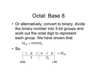 Octal: Base 8
• Or alternatively, convert to binary, divide
the binary number into 3-bit groups and
work out the octal digit to represent
each group. We have shown that
2
10 101010
42 
• So,
1 0 1 0 0
1
5 8
2
10
42

MSB LSB
 