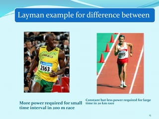 Layman example for difference between
More power required for small
time interval in 200 m race
Constant but less power required for large
time in 20 km race
15
 