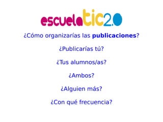 ¿Cómo organizarías las  publicaciones ? ¿Publicarías tú? ¿Tus alumnos/as? ¿Ambos? ¿Alguien más? ¿Con qué frecuencia? 
