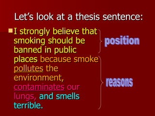 Let’s look at a thesis sentence: I strongly believe that smoking should be banned in public places   because smoke  pollutes  the environment,   contaminates  our lungs,   and smells terrible.   position reasons 
