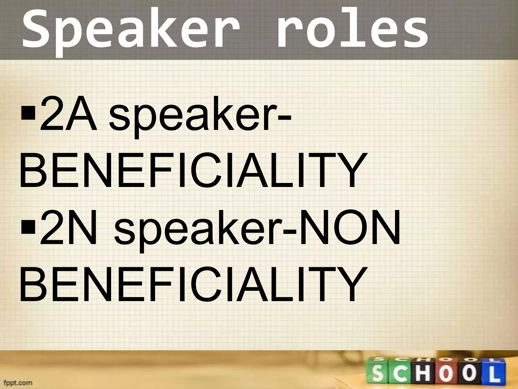 Speaker roles
2A speaker-
BENEFICIALITY
2N speaker-NON
BENEFICIALITY
 