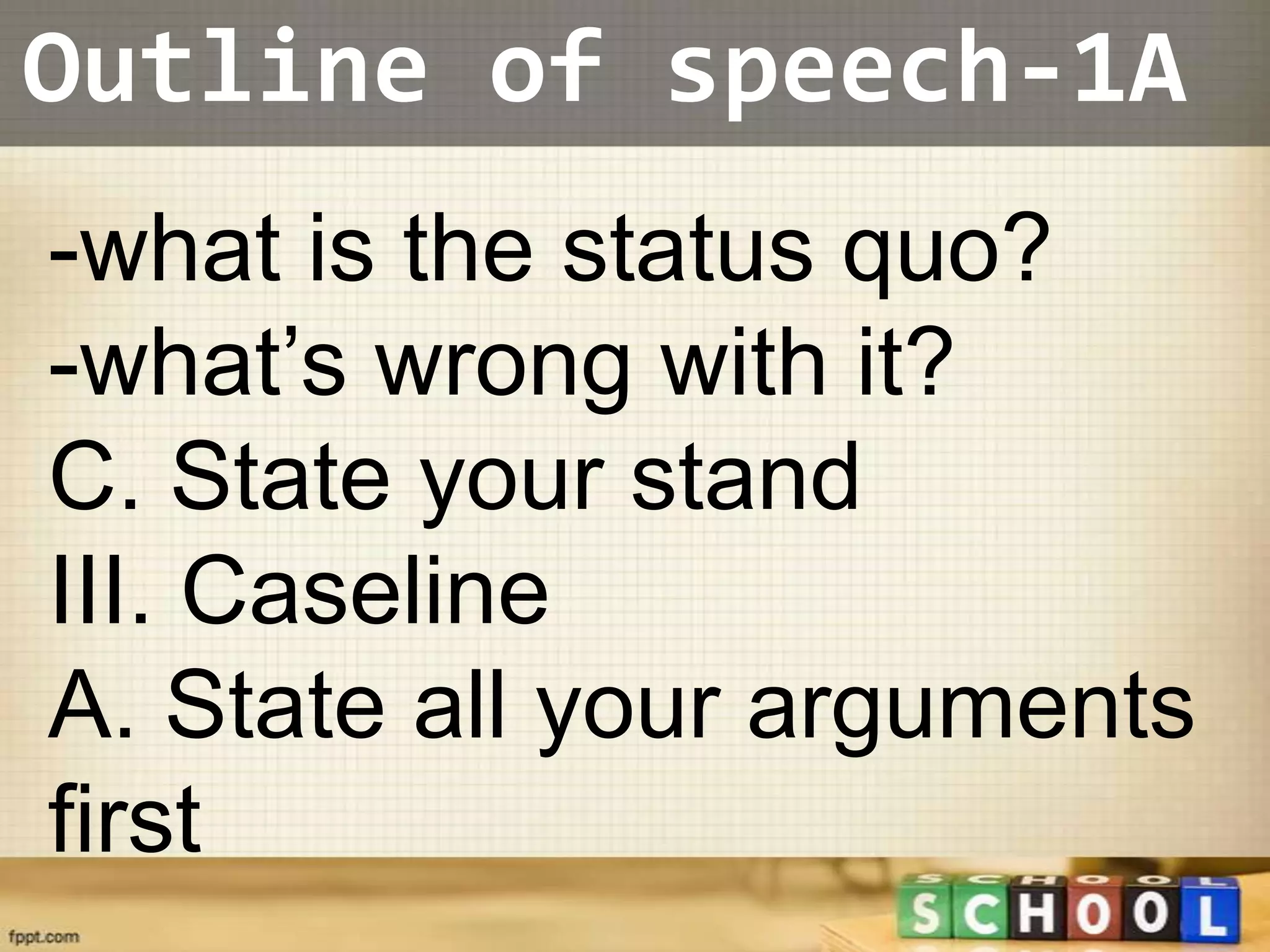 Outline of speech-1A
-what is the status quo?
-what’s wrong with it?
C. State your stand
III. Caseline
A. State all your arguments
first
 