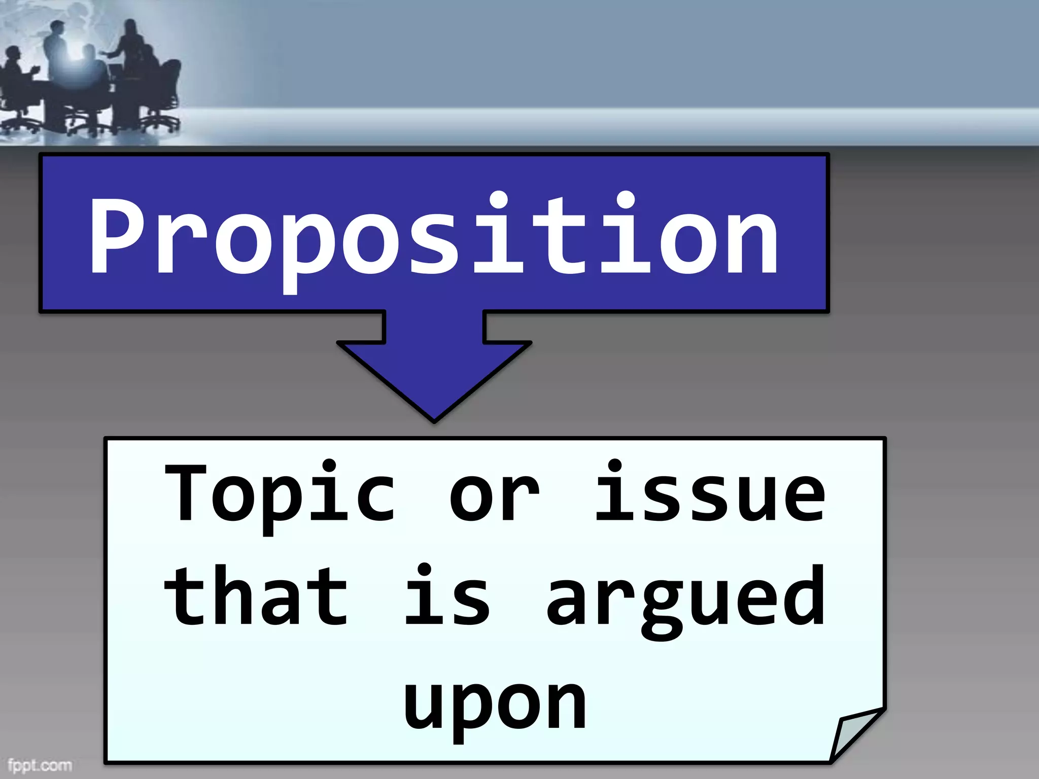 Proposition

 Topic or issue
 that is argued
      upon
 