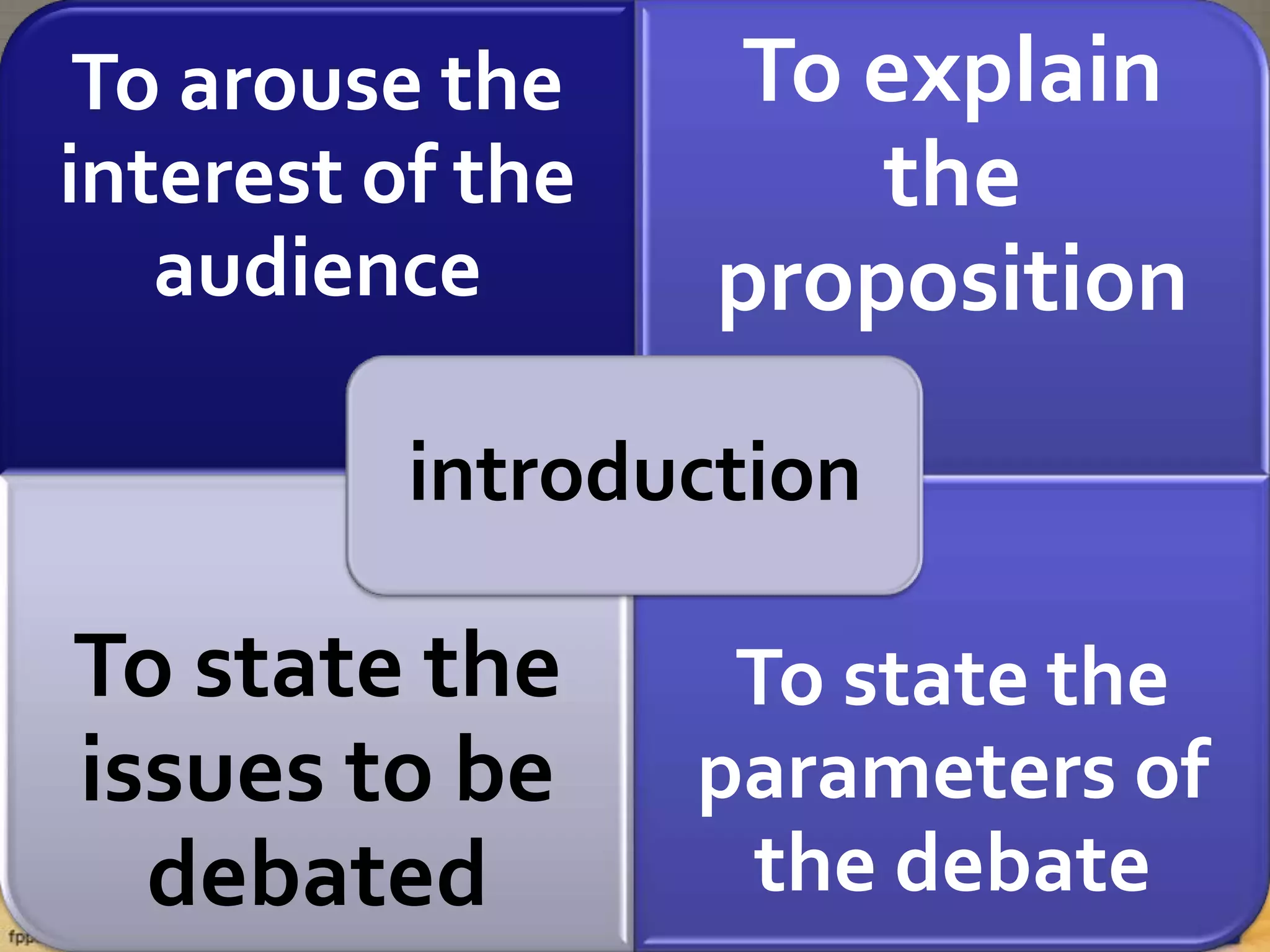 To arouse the    To explain
interest of the       the
   audience       proposition
          introduction

To state the       To state the
issues to be      parameters of
  debated          the debate
 
