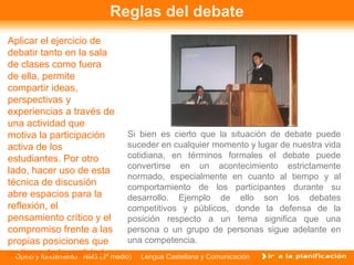 Reglas del debate
Aplicar el ejercicio de
debatir tanto en la sala
de clases como fuera
de ella, permite
compartir ideas,
perspectivas y
experiencias a través de
una actividad que
motiva la participación         Si bien es cierto que la situación de debate puede
activa de los                   suceder en cualquier momento y lugar de nuestra vida
estudiantes. Por otro           cotidiana, en términos formales el debate puede
                                convertirse en un acontecimiento estrictamente
lado, hacer uso de esta
                                normado, especialmente en cuanto al tiempo y al
técnica de discusión            comportamiento de los participantes durante su
abre espacios para la           desarrollo. Ejemplo de ello son los debates
reflexión, el                   competitivos y públicos, donde la defensa de la
pensamiento crítico y el        posición respecto a un tema significa que una
compromiso frente a las persona o un grupo de personas sigue adelante en
propias posiciones que          una competencia.
se tienefundamento NM3 (3º medio) Lengua Castellana y Comunicación
  Opino y de la realidad.
 