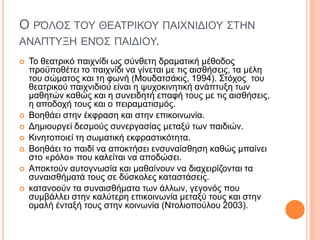 Ο ΡΌΛΟ΢ ΣΟΤ ΘΔΑΣΡΙΚΟΤ ΠΑΙΥΝΙΓΙΟΤ ΢ΣΗΝ
ΑΝΑΠΣΤΞΗ ΔΝΌ΢ ΠΑΙΓΙΟΤ.
 Σν ζεαηξηθό παηρλίδη σο ζύλζεηε δξακαηηθή κέζνδνο
πξνϋπνζέηεη ην παηρλίδη λα γίλεηαη κε ηηο αηζζήζεηο, ηα κέιε
ηνπ ζώκαηνο θαη ηε θσλή (Μνπδαηζάθηο, 1994). ΢ηόρνο ηνπ
ζεαηξηθνύ παηρληδηνύ είλαη ε ςπρνθηλεηηθή αλάπηπμε ησλ
καζεηώλ θαζώο θαη ε ζπλεηδεηή επαθή ηνπο κε ηηο
αηζζήζεηο, ε απνδνρή ηνπο θαη ν πεηξακαηηζκόο.
 Βνεζάεη ζηελ έθθξαζε θαη ζηελ επηθνηλσλία.
 Γεκηνπξγεί δεζκνύο ζπλεξγαζίαο κεηαμύ ησλ παηδηώλ.
 Κηλεηνπνηεί ηε ζσκαηηθή εθθξαζηηθόηεηα.
 Βνεζάεη ην παηδί λα απνθηήζεη ελζπλαίζζεζε θαζώο κπαίλεη
ζην «ξόιν» πνπ θαιείηαη λα απνδώζεη.
 Απνθηνύλ απηνγλσζία θαη καζαίλνπλ λα δηαρεηξίδνληαη ηα
ζπλαηζζήκαηά ηνπο ζε δύζθνιεο θαηαζηάζεηο.
 θαηαλννύλ ηα ζπλαηζζήκαηα ησλ άιισλ, γεγνλόο πνπ
ζπκβάιιεη ζηελ θαιύηεξε επηθνηλσλία κεηαμύ ηνπο θαη ζηελ
νκαιή έληαμή ηνπο ζηελ θνηλσλία (Νηνιηνπνύινπ 2003).
 