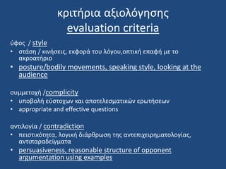 κριτήρια αξιολόγησης
evaluation criteria
ύφος / style
• στάση / κινήσεις, εκφορά του λόγου,οπτική επαφή με το
ακροατήριο
• posture/bodily movements, speaking style, looking at the
audience
συμμετοχή /complicity
• υποβολή εύστοχων και αποτελεσματικών ερωτήσεων
• appropriate and effective questions
αντιλογία / contradiction
• πειστικότητα, λογική διάρθρωση της αντεπιχειρηματολογίας,
αντιπαραδείγματα
• persuasiveness, reasonable structure of opponent
argumentation using examples
 