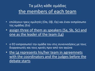 Τα μέλη κάθε ομάδας
the members of each team
• επιλέγουν τρεις ομιλητές (Οα, Οβ, Ογ) και έναν εκπρόσωπο
της ομάδας (Εo)
• assign three of them as speakers (Sa, Sb, Sc) and
one as the leader of the team (Lg)
• o ΕΟ εκπροσωπεί την ομάδα του στις συνεννοήσεις με τους
διοργανωτές και τους κριτές πριν από τον αγώνα
• the Lg represents his/her team in agreemnets
with the coordinators and the judges before the
debate starts
 