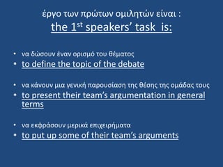 έργο των πρώτων ομιλητών είναι :
the 1st speakers’ task is:
• να δώσουν έναν ορισμό του θέματος
• to define the topic of the debate
• να κάνουν μια γενική παρουσίαση της θέσης της ομάδας τους
• to present their team’s argumentation in general
terms
• να εκφράσουν μερικά επιχειρήματα
• to put up some of their team’s arguments
 