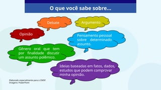O que você sabe sobre...
Opinião
Argumento
Debate
Pensamento pessoal
sobre determinado
assunto.
Gênero oral que tem
por finalidade discutir
um assunto polêmico.
Elaborado especialmente para o CMSP.
Imagens: PowerPoint
Ideias baseadas em fatos, dados,
estudos que podem comprovar
minha opinião.
 