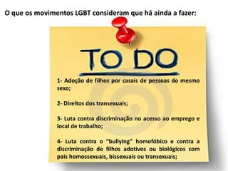 O que os movimentos LGBT consideram que há ainda a fazer:




               1- Adoção de filhos por casais de pessoas do mesmo
               sexo;

               2- Direitos dos transexuais;

               3- Luta contra discriminação no acesso ao emprego e
               local de trabalho;

               4- Luta contra o “bullying” homofóbico e contra a
               discriminação de filhos adotivos ou biológicos com
               pais homossexuais, bissexuais ou transexuais;
 
