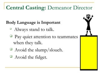 Central Casting: Demeanor Director
Body Language is Important

Always stand to talk.
 Pay quiet attention to teammates
when they talk.
 Avoid the slump/slouch.
 Avoid the fidget.
 