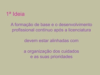 1ª Ideia
A formação de base e o desenvolvimento
profissional contínuo após a licenciatura

devem estar alinhadas com
a organização dos cuidados
e as suas prioridades

 